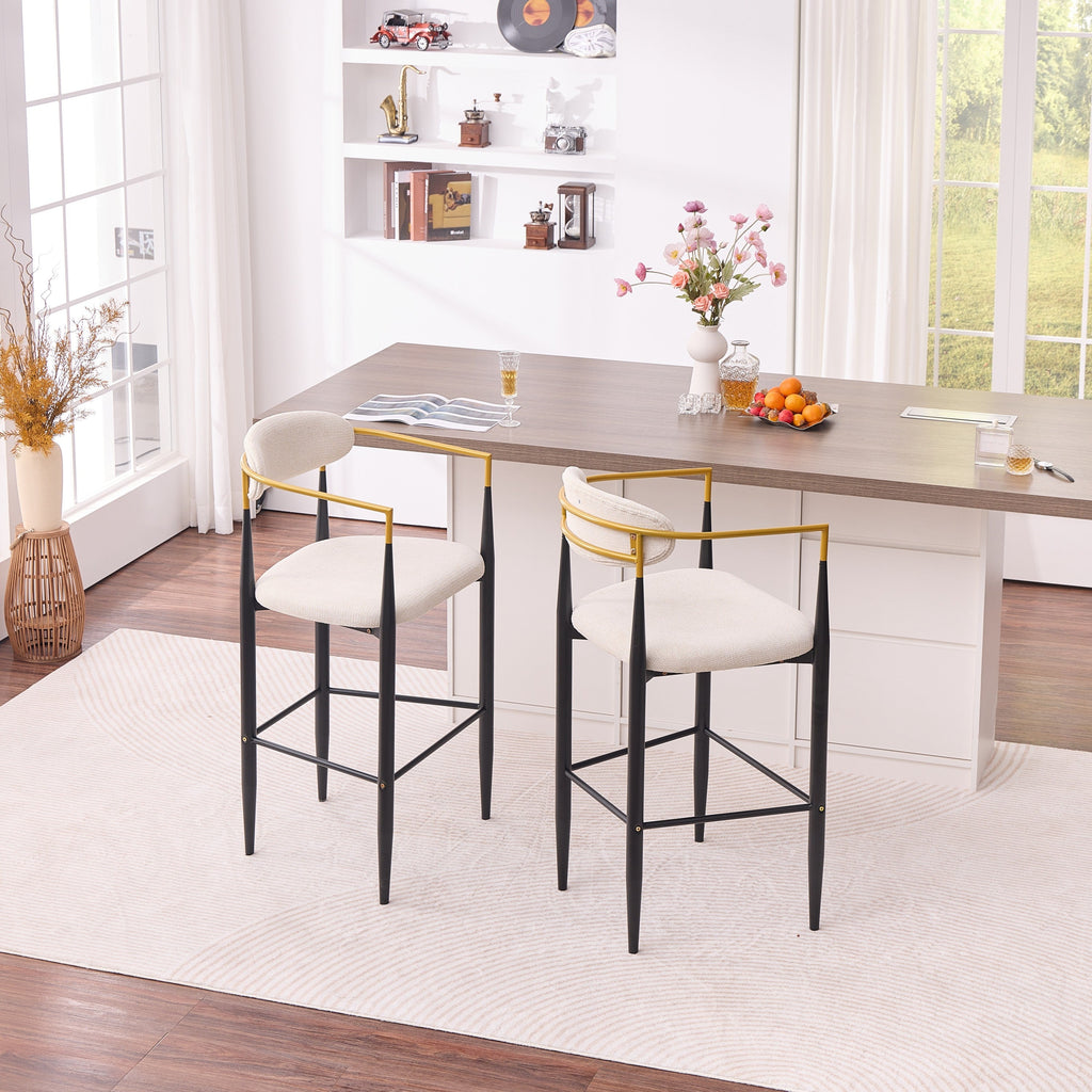 Modern Upholstered Bar Stool with Gold-Accented Armrests - 30' Seat Height,Ergonomic Design for Kitchen Island or Dining Counter Use,Set of 2 - Beige Fabric & Black Metal Frame