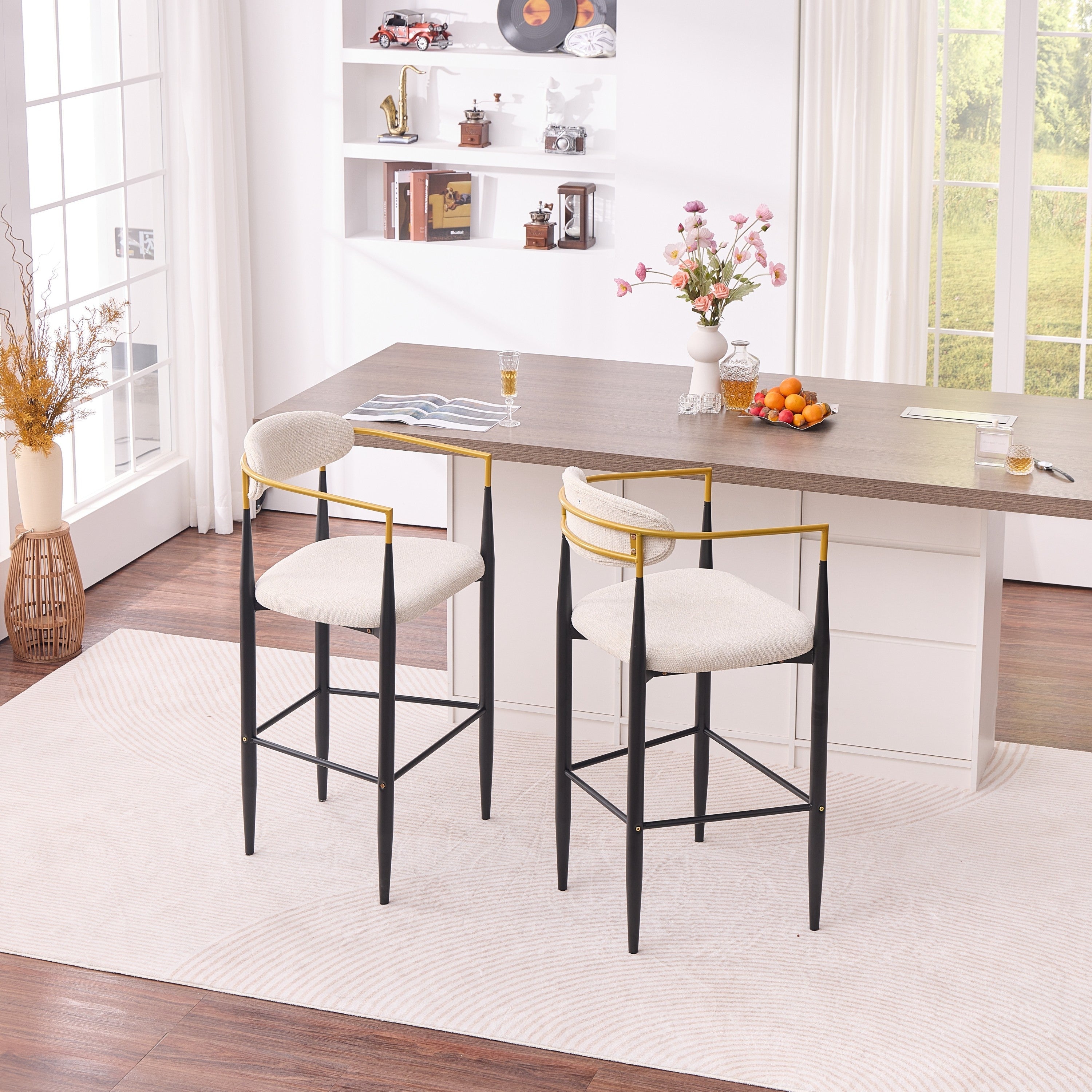 Modern Upholstered Bar Stool with Gold-Accented Armrests - 30' Seat Height,Ergonomic Design for Kitchen Island or Dining Counter Use,Set of 2 - Beige Fabric & Black Metal Frame