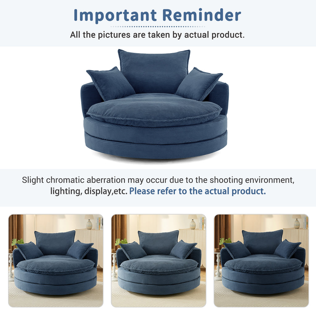 Navy blue oversized round accent chair side profile