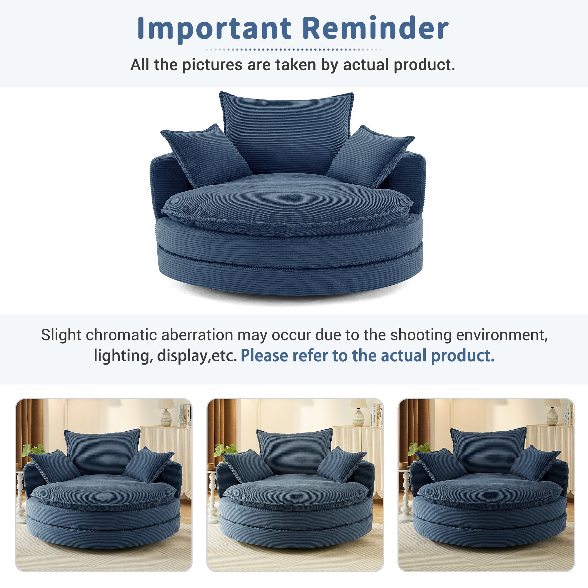 Navy blue oversized round accent chair side profile