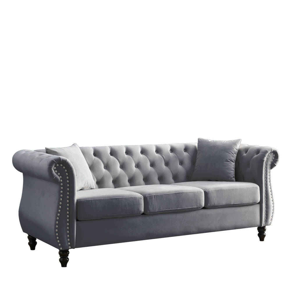 Grey velvet Chesterfield 3-seater sofa — front view