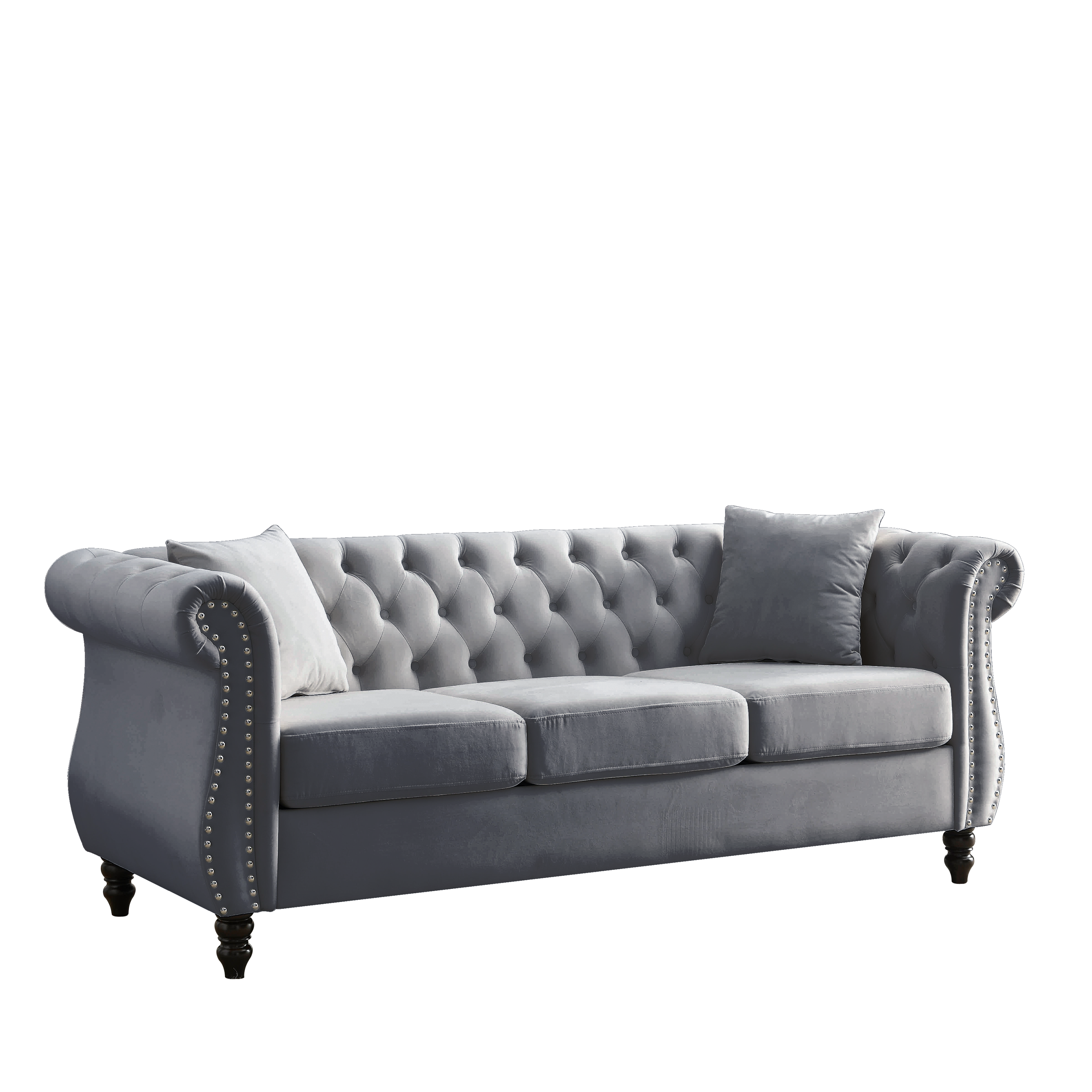 Grey velvet Chesterfield 3-seater sofa — front view
