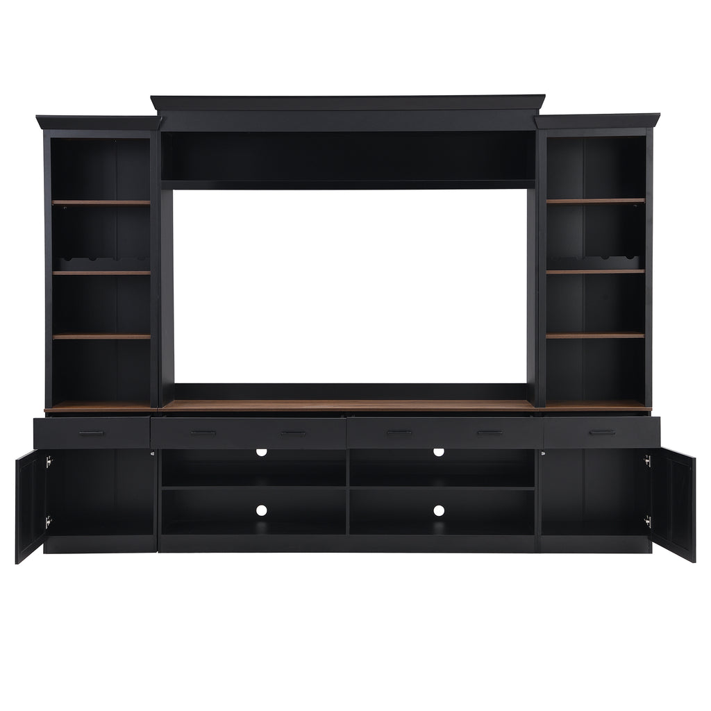 Black retro handle and walnut tabletop detail on media console