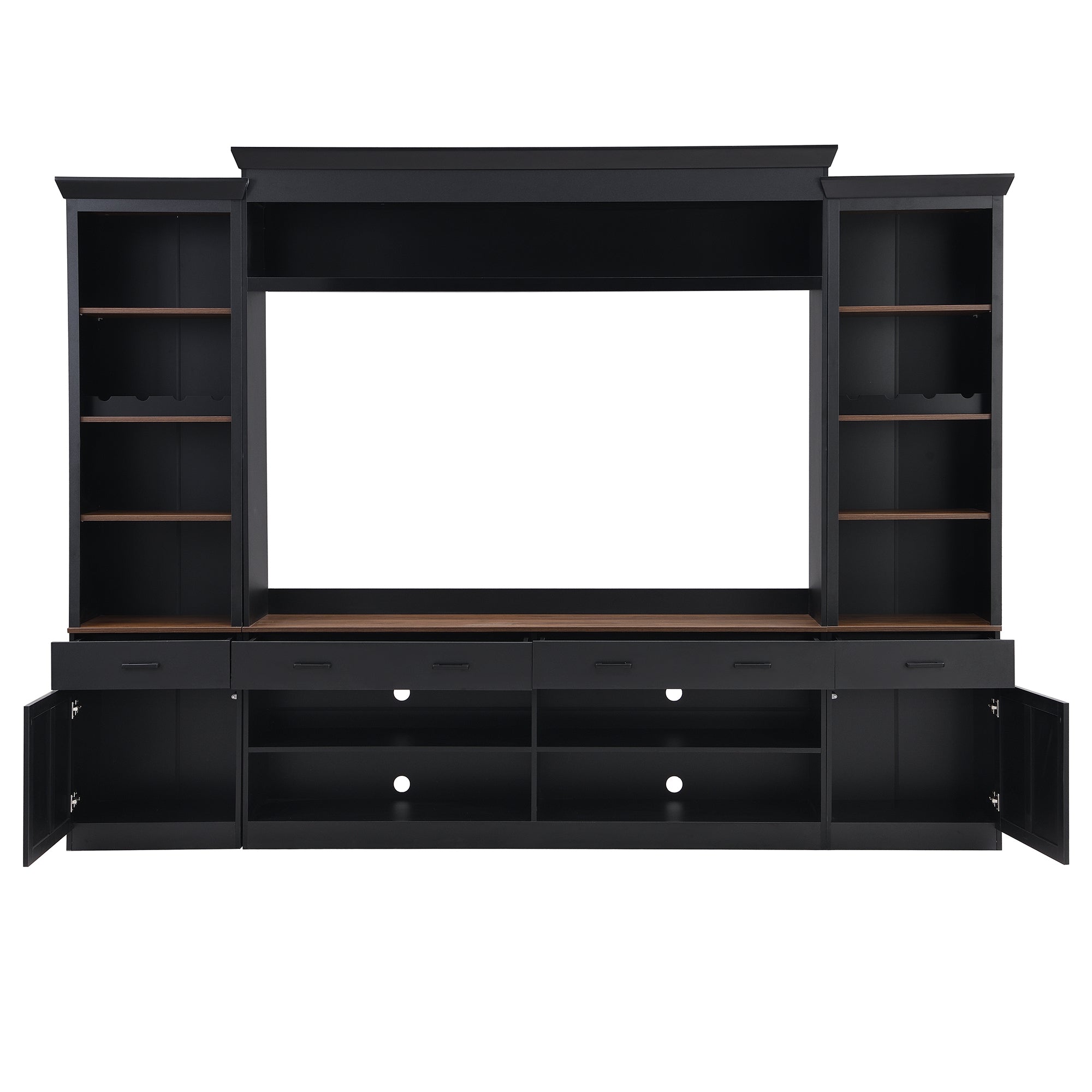Black retro handle and walnut tabletop detail on media console