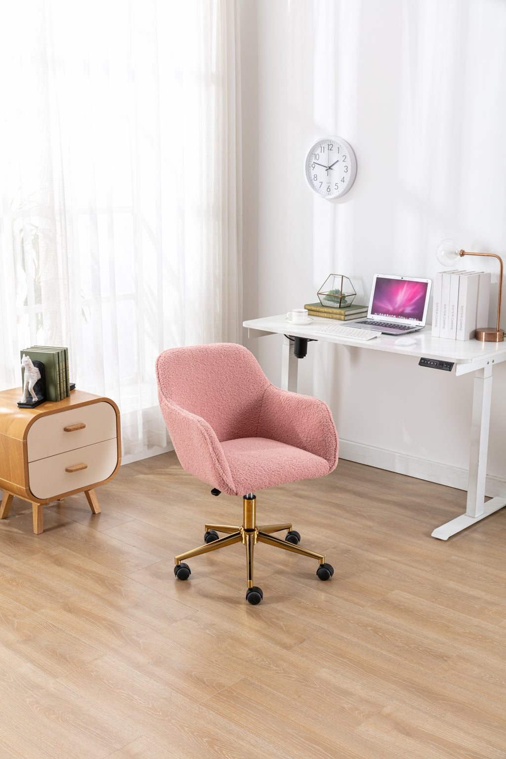 Adjustable height office chair pink teddy fabric