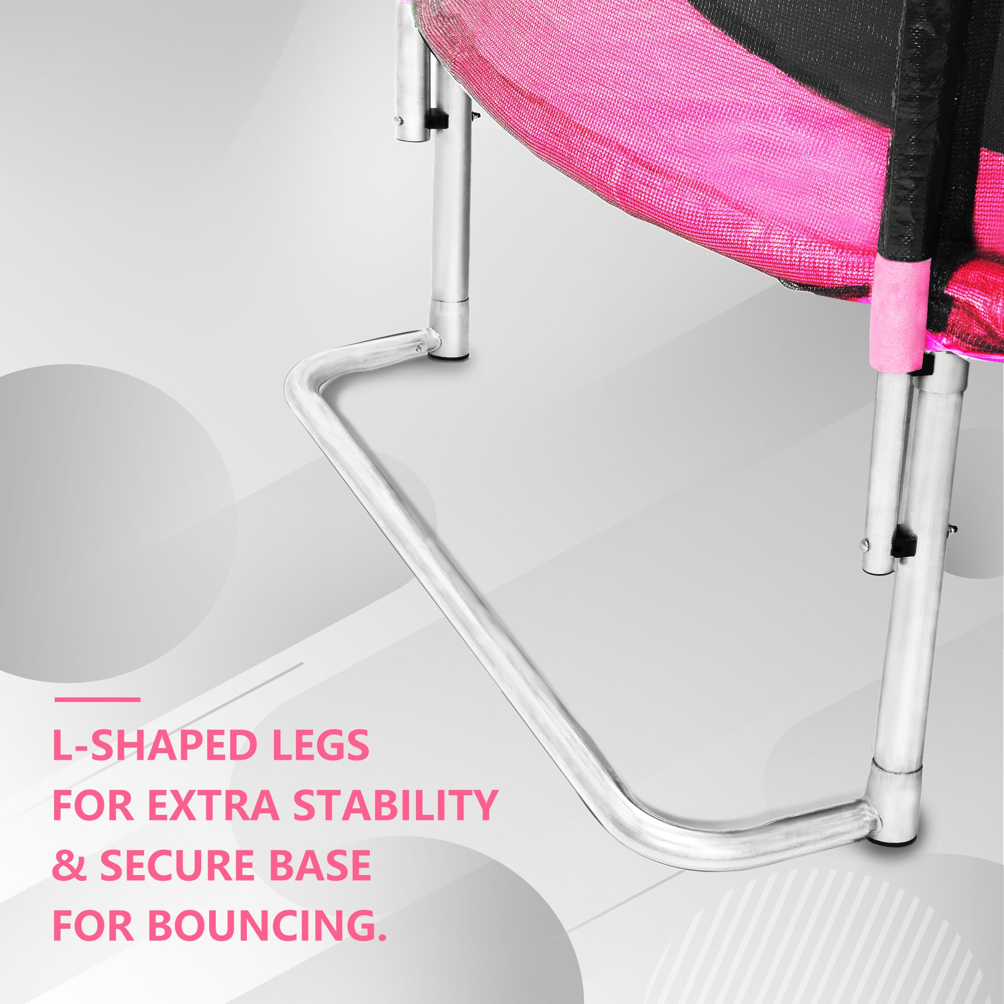 Pink and black outdoor trampoline with safety enclosure net