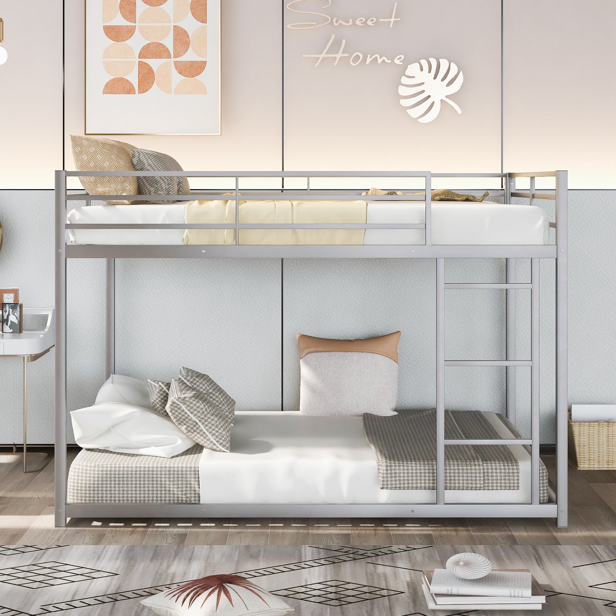 Full over full low metal bunk bed in silver — angle view