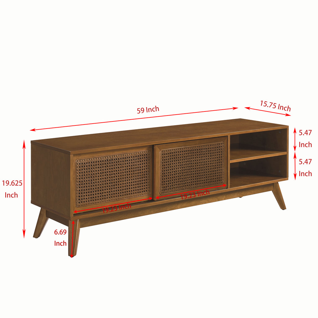 Light wood rattan entertainment center full product photo