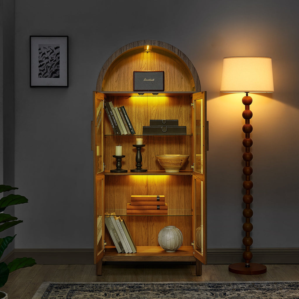 A high arched storage cabinet with a lamp, a modern retro-style wooden storage cabinet with adjustable glass partitions, suitable for use as a multi-functional cabinet in kitchens-Black