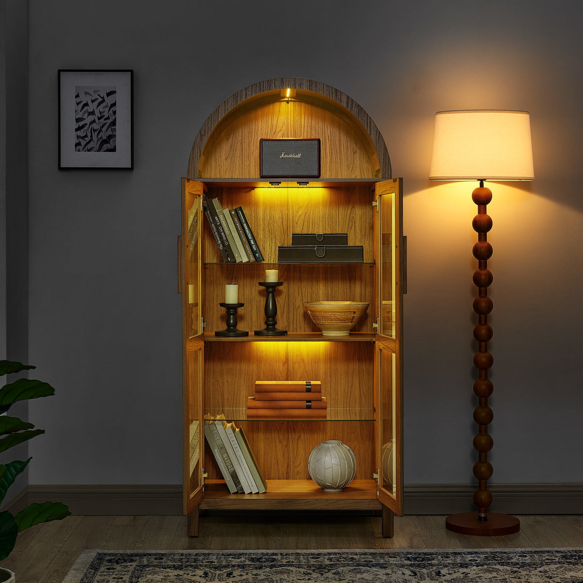 A high arched storage cabinet with a lamp, a modern retro-style wooden storage cabinet with adjustable glass partitions, suitable for use as a multi-functional cabinet in kitchens-Black