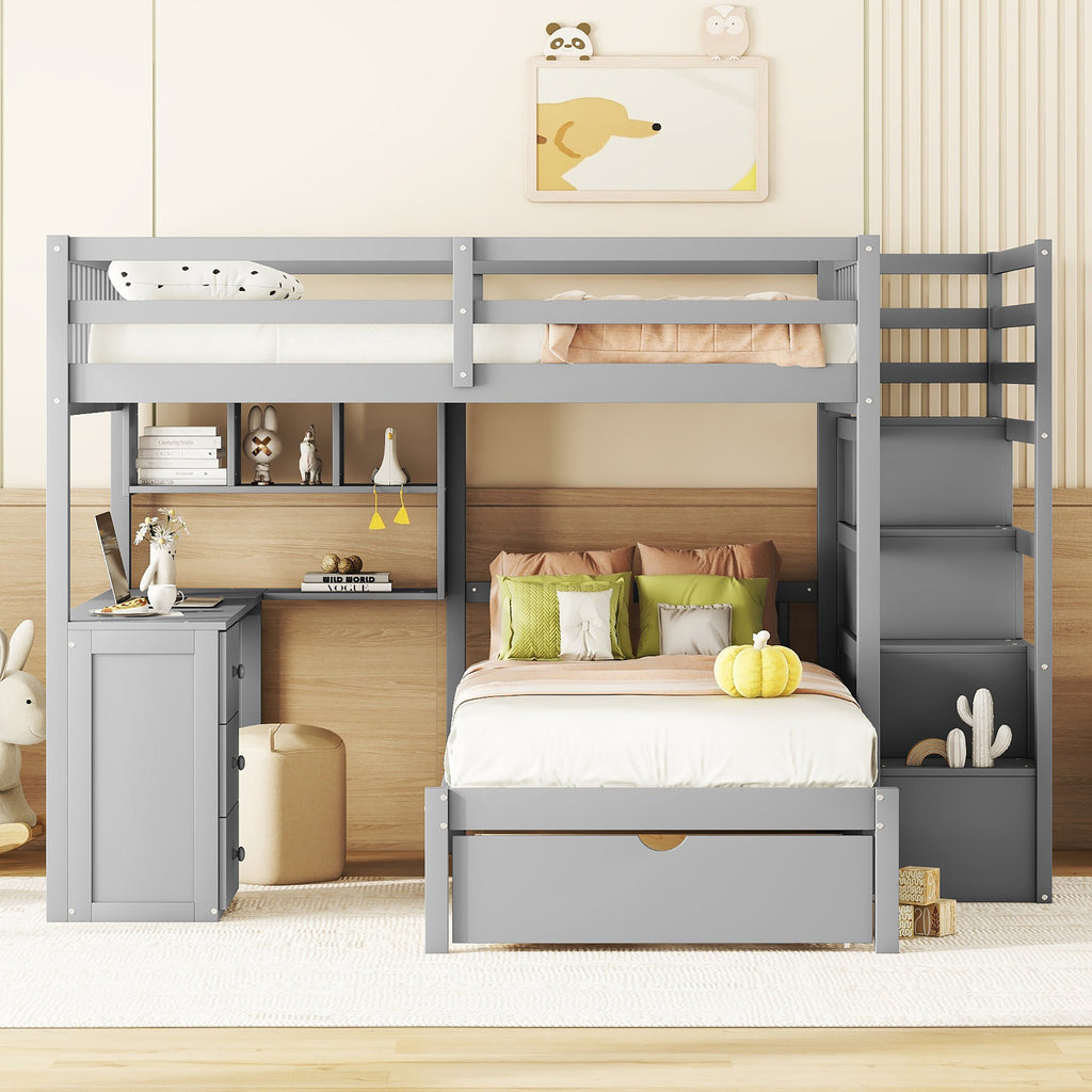Full bunk bed with twin lower bunk and integrated study desk
