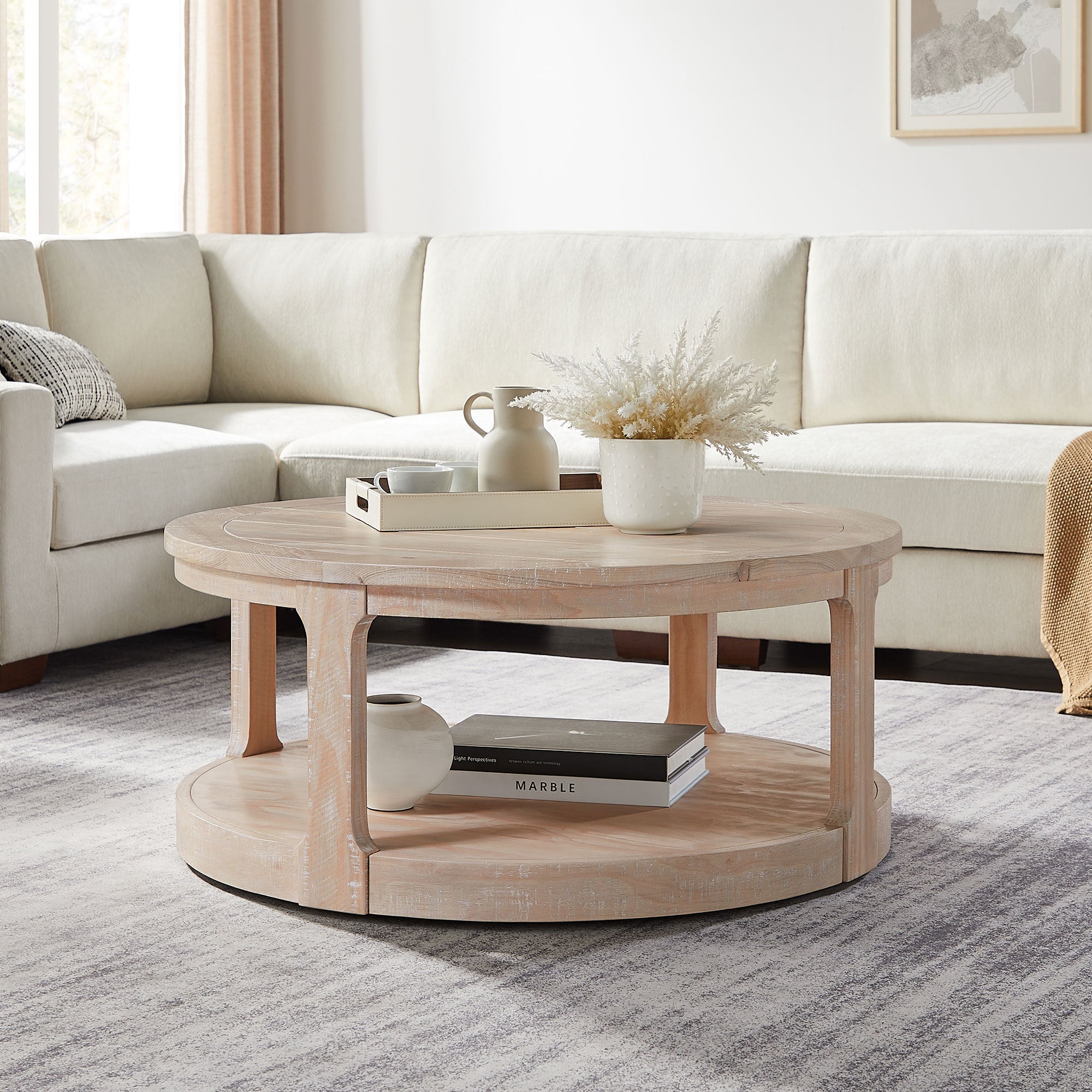 40-Inch Round 2-Tier Coffee Table — Rustic Wooden Center Table with Wheels