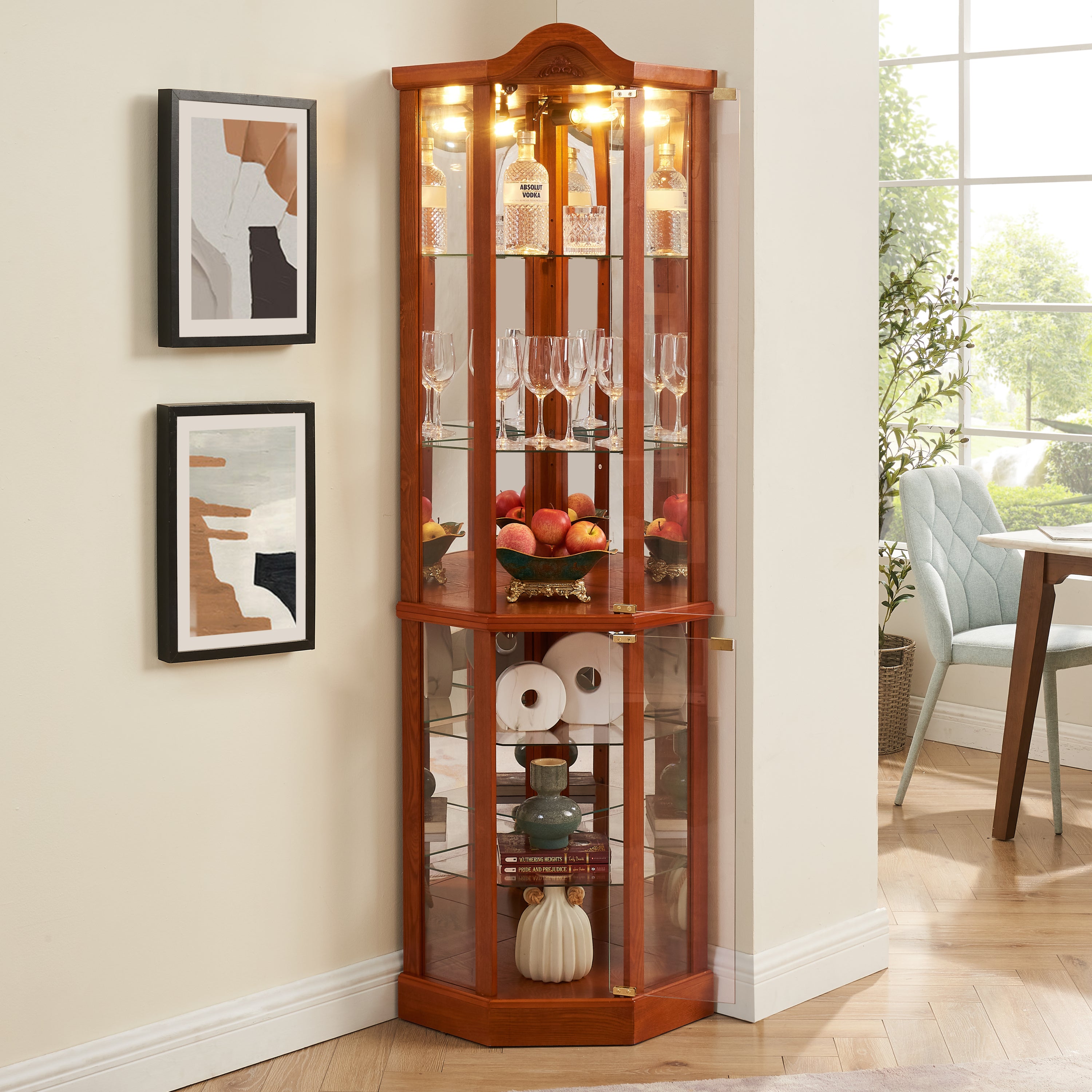 Oak curio cabinet carved crown floral decoration detail