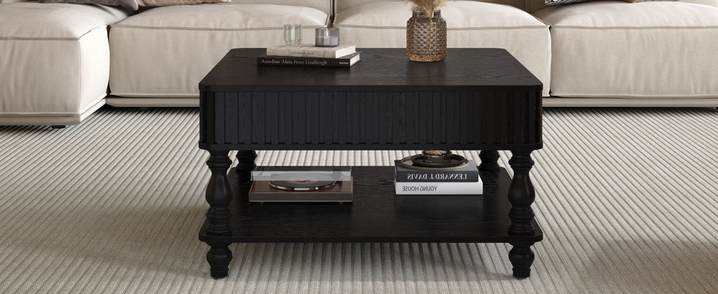 31.5 Inch Square Fluted Lift-Top Coffee Table with Hidden & Open Storage, Hydraulic Raising Mechanism, Retro Solid Wood Legs for Living Room, Sofa (Natural Wood)