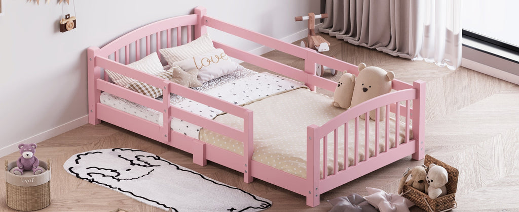 Twin Montessori Floor Bed with Slats and Safety Guardrails, Solid Wood Floor Bed with Fence and Without Door, Easy Assemble Montessori Bed for Girls and Boys, Gray