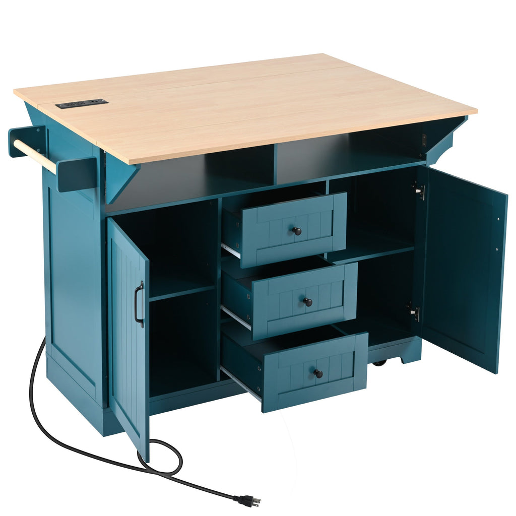 K&K 55.7'' Large Kitchen Island with 2 Drop Leaf,, Rolling Kitchen Cart on 5 Wheels with Power Outlet, Folding Storage Dining Table with Spice & Towel Rack , 3 Drawers, for Kitchen, Dining Room,Black