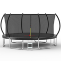 Black 16-foot pumpkin-shaped trampoline with safety enclosure — front view