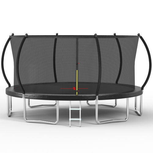 Black 16-foot pumpkin-shaped trampoline with safety enclosure — front view