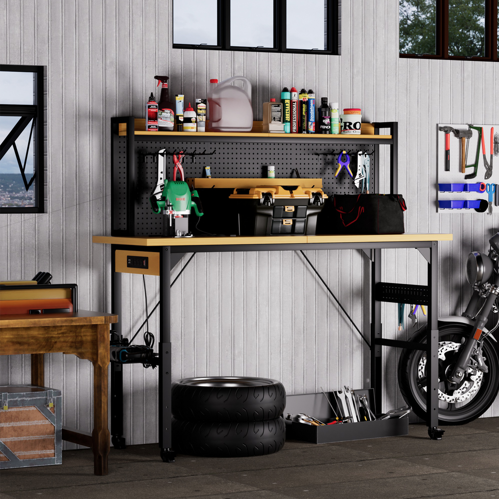 Built-in AC and USB power outlets on workbench frame