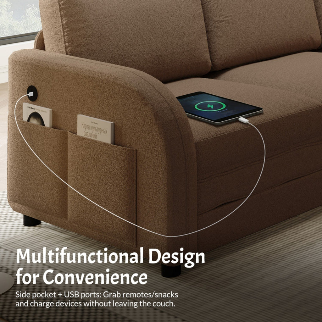 115.2' L-Shaped Sofa Couch with Pull-Out Bed,Oversize Convertible Sleeper Sofa with side Pocket & USB Port,Teddy Upholstered Sectional Couches with Convert Left/Right Facing, Light Grey