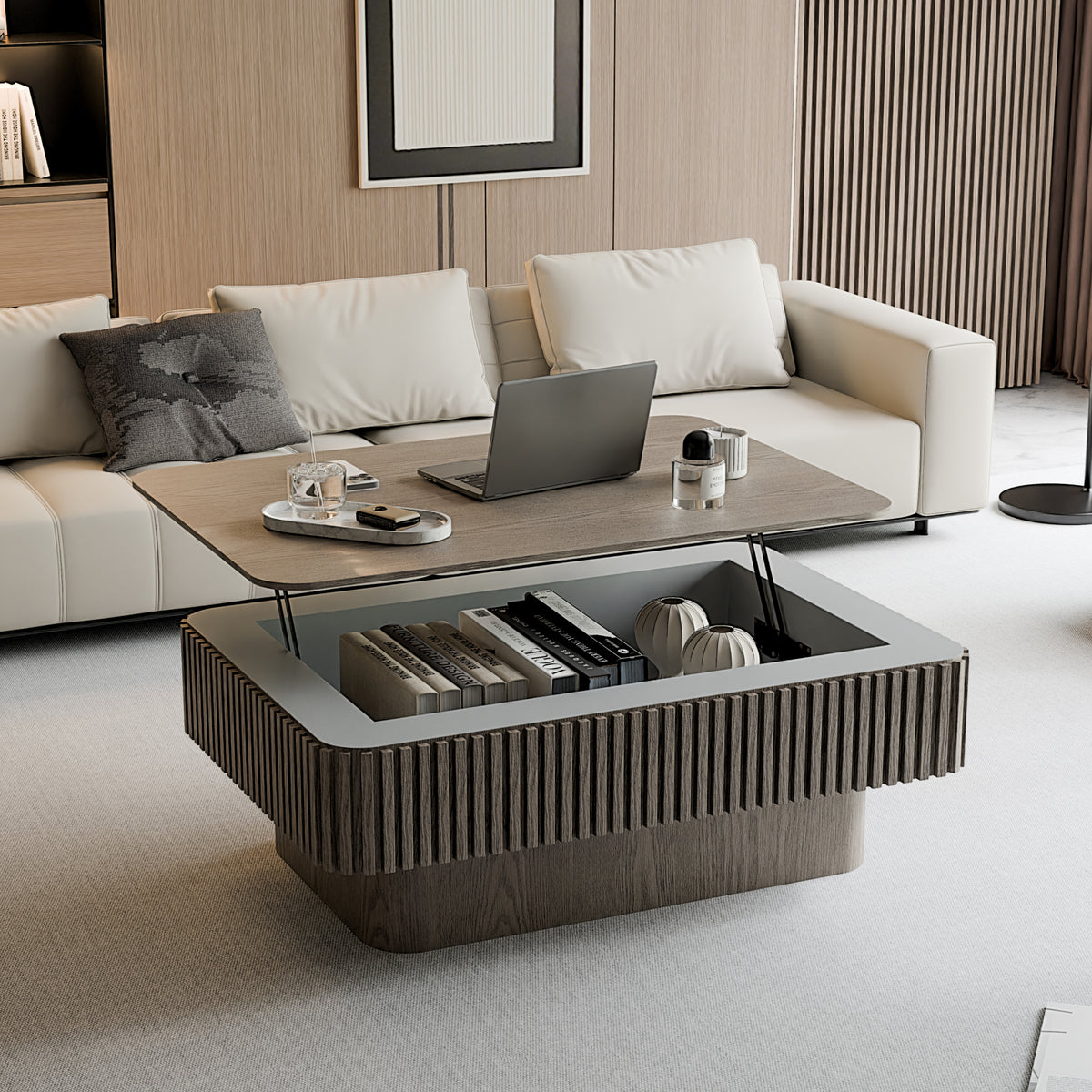 38.6'' Fluted Lift-top Coffee Table Solid Wood Veneered Modern Coffee Table Accent Tea Table with Storage and Adjustable Height for Living Room, Bedroom, Apartment or Office, Grey