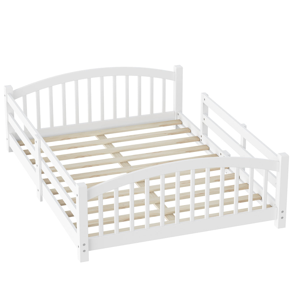 Full Montessori Floor Bed with Slats and Safety Guardrails, Solid Wood Floor Bed with Fence and Without Door, Easy Assemble Montessori Bed for Girls and Boys, Gray