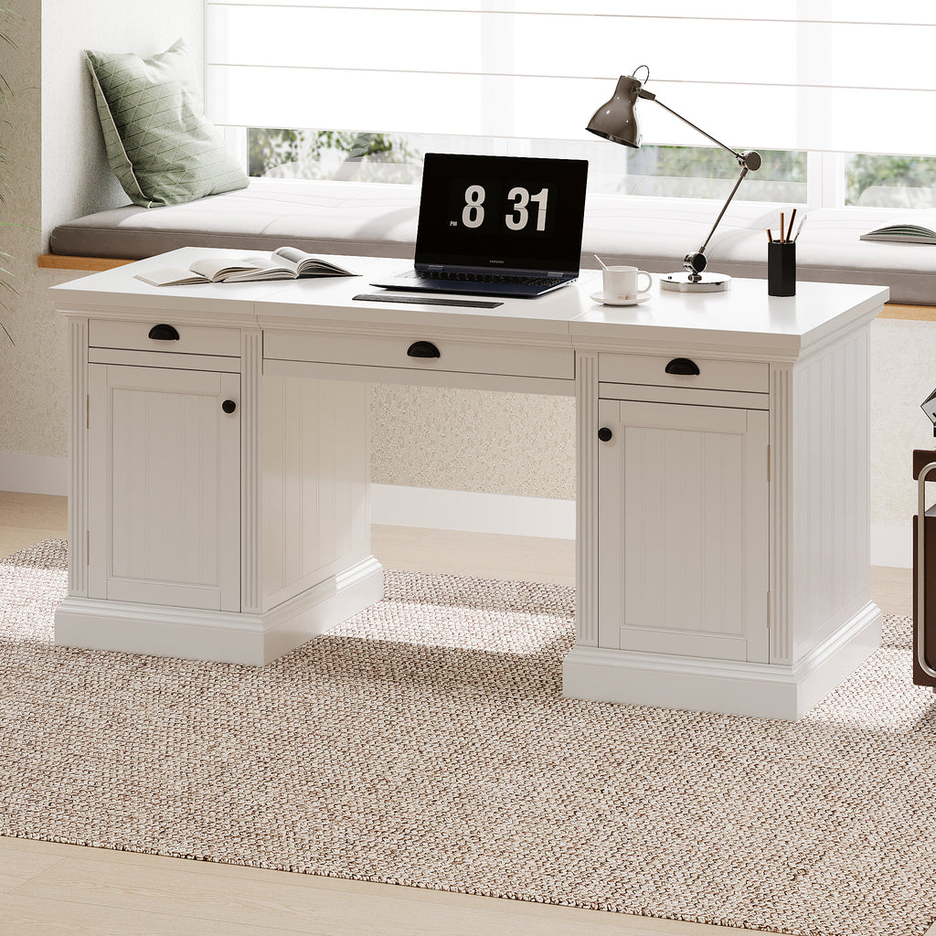 White executive desk desktop workspace with monitor area