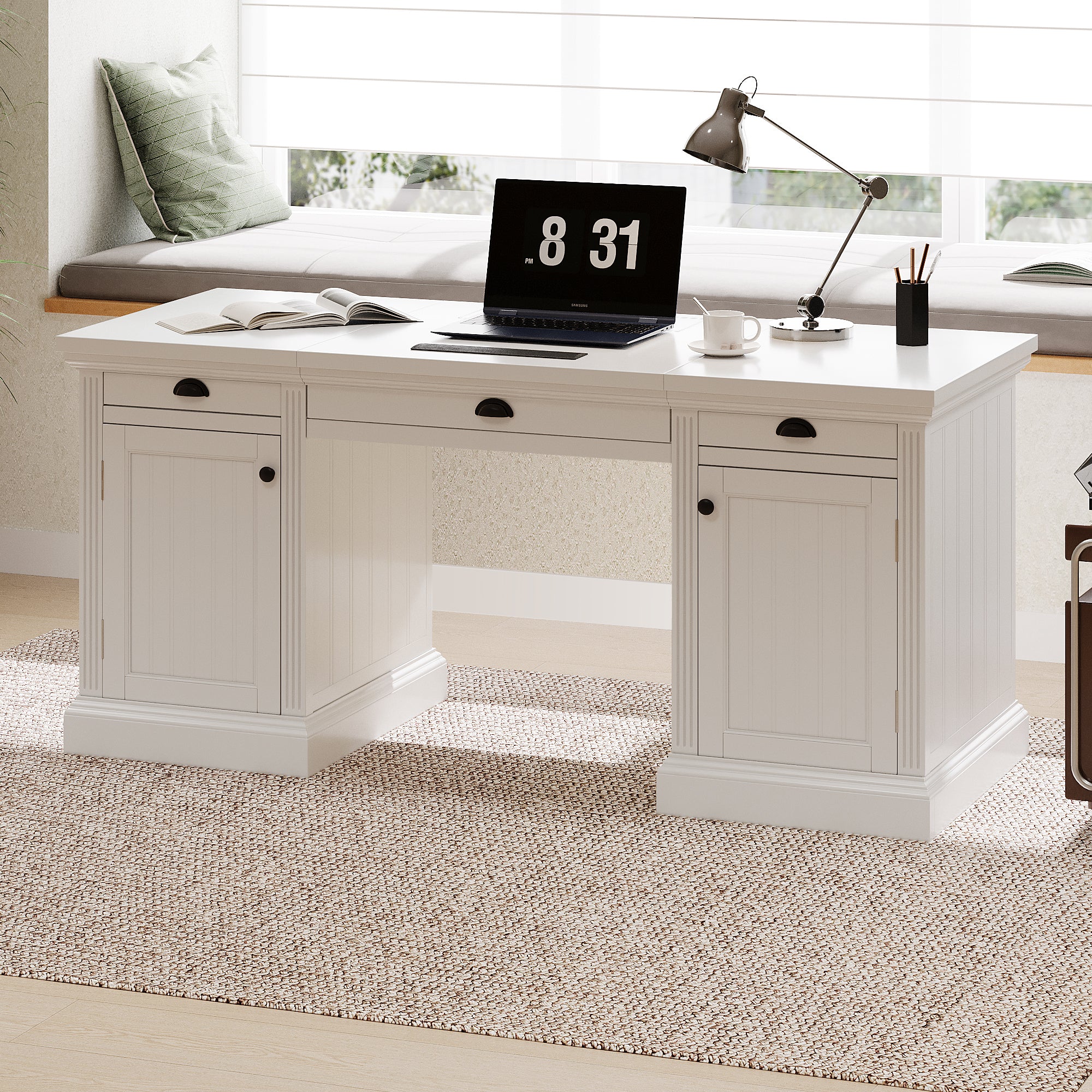 White executive desk desktop workspace with monitor area
