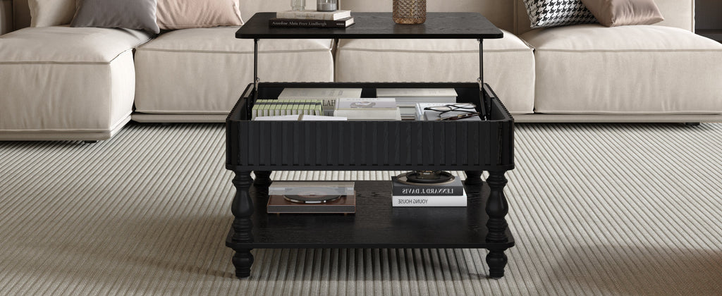 31.5 Inch Square Fluted Lift-Top Coffee Table with Hidden & Open Storage, Hydraulic Raising Mechanism, Retro Solid Wood Legs for Living Room, Sofa (Natural Wood)