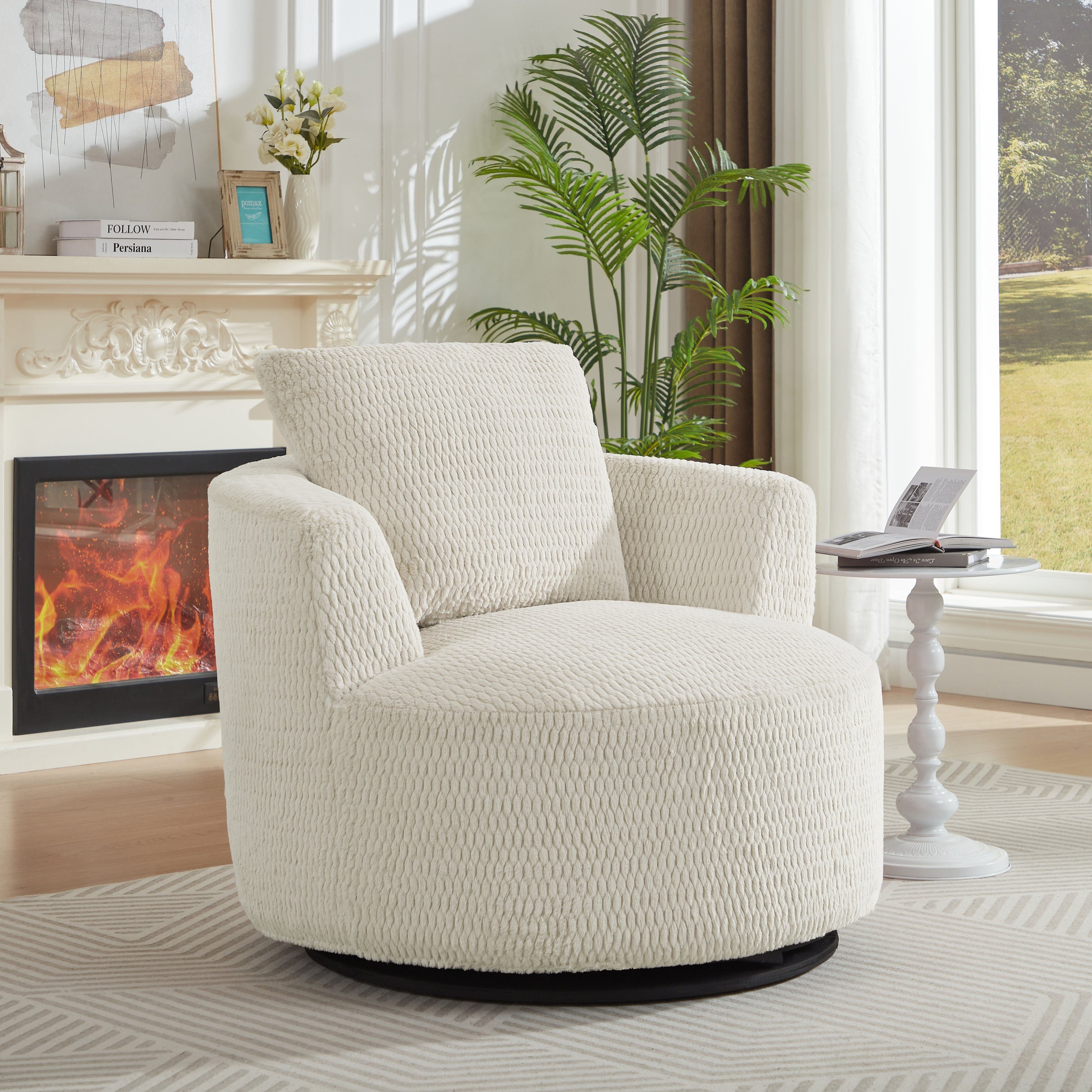 Cream faux fur swivel accent chair — front view