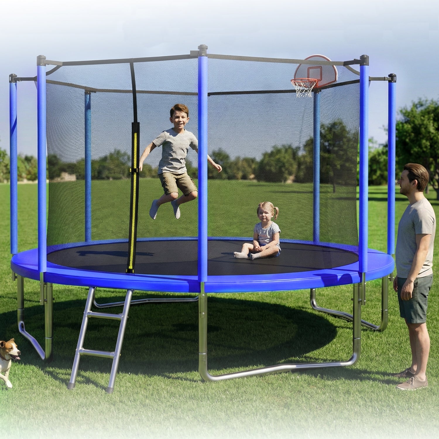 Blue recreational trampoline backyard product photo