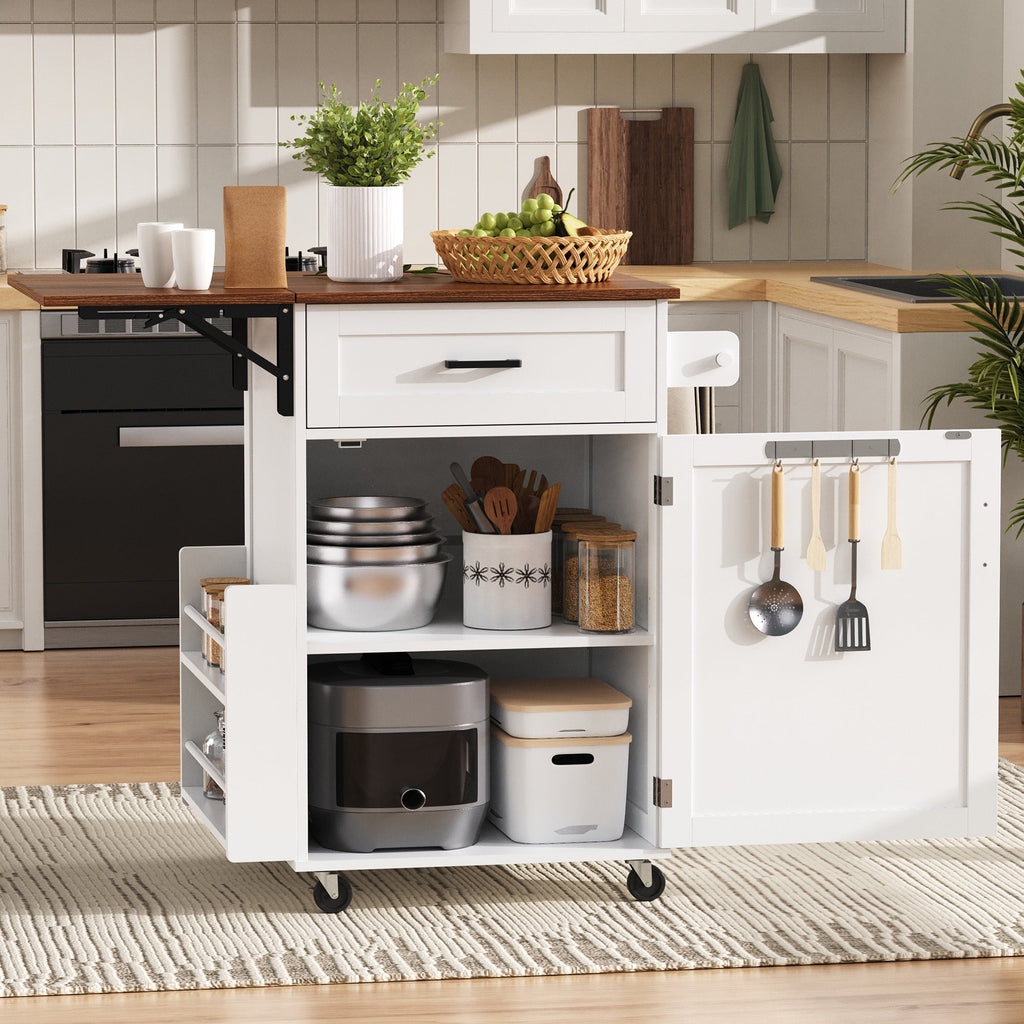 K&K 39.3' Farmhouse Kitchen Island with Drop Leaf, Kitchen Storage Island with Open Side Rack, One Drawer, Towel Rack, Rolling Kitchen Cart with Lockable Wheels for Lawn Garden, Black