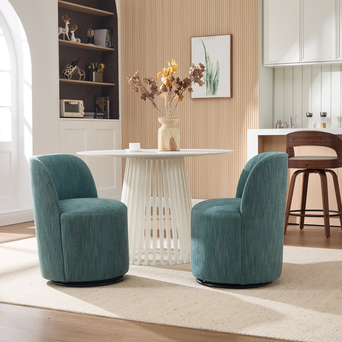 Set Of 1 Upholstered Kitchen & Dining Room Barrel Chair, Mid Century Modern Round Linen Dining Chair, 360 Degree Swivel Comfy Armless Accent Makeup Vanity Side Chair for Bedroom Living Room