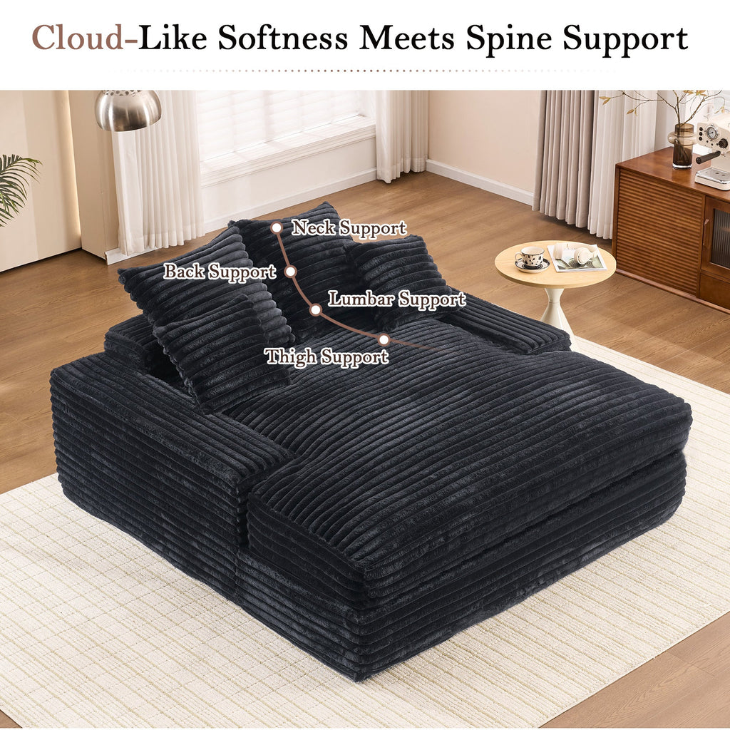 028DR-Oversized chaise Lounge chair, Upholstered Sleeper Sofa Bed with 4 Throw Pillows and Armrests, Corduroy Fabric Plush Lounge Chair Bed for Living Room, Apartment & Small Spaces, Black