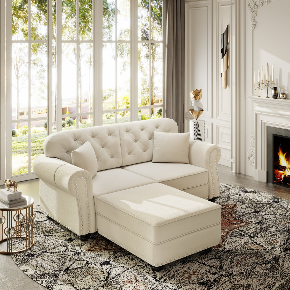 63'Upholstered Velvet Sofa with Nailhead Trim and Rolled Armrests,Mid-Century Modern Chesterfield Sofa with Button Tufted,Includes 2 Pillows,Beige/White