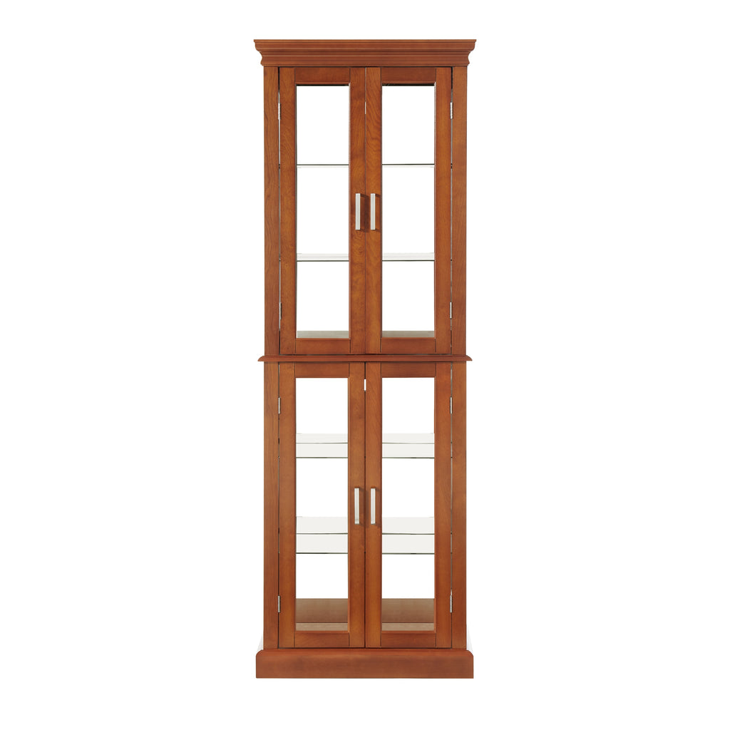 Walnut lighted 6-tier curio cabinet mirrored back — front view