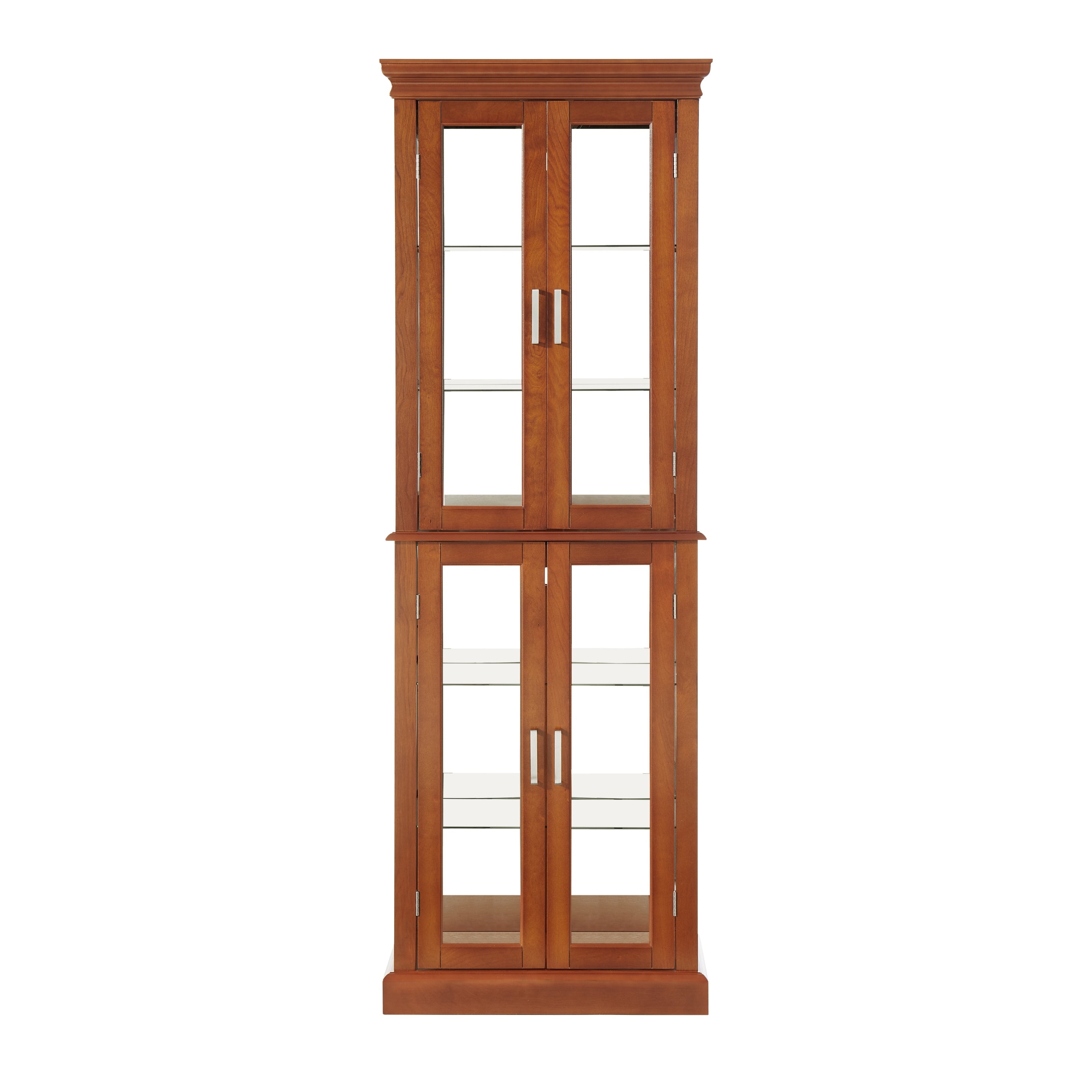 Walnut lighted 6-tier curio cabinet mirrored back — front view