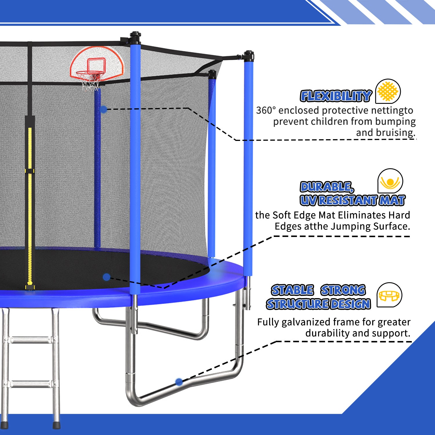 Recreational trampoline safety enclosure net — angle view
