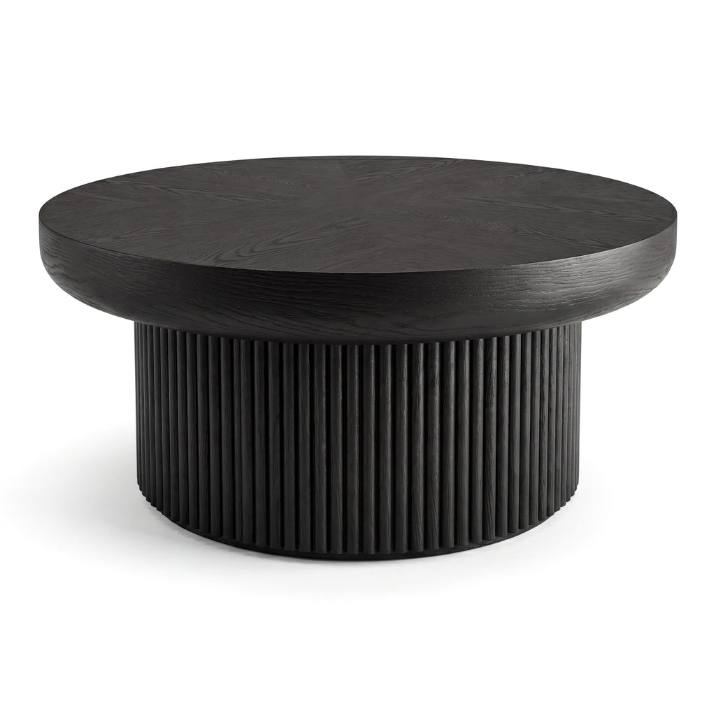 33.5'' Round Fluted Coffee Table with Real Wood Parquet Pattern Top & Cylindrical Base, Thickened Tabletop, Mid-Century Modern Circle Cocktail Table for Living Room, Small Space, Walnut