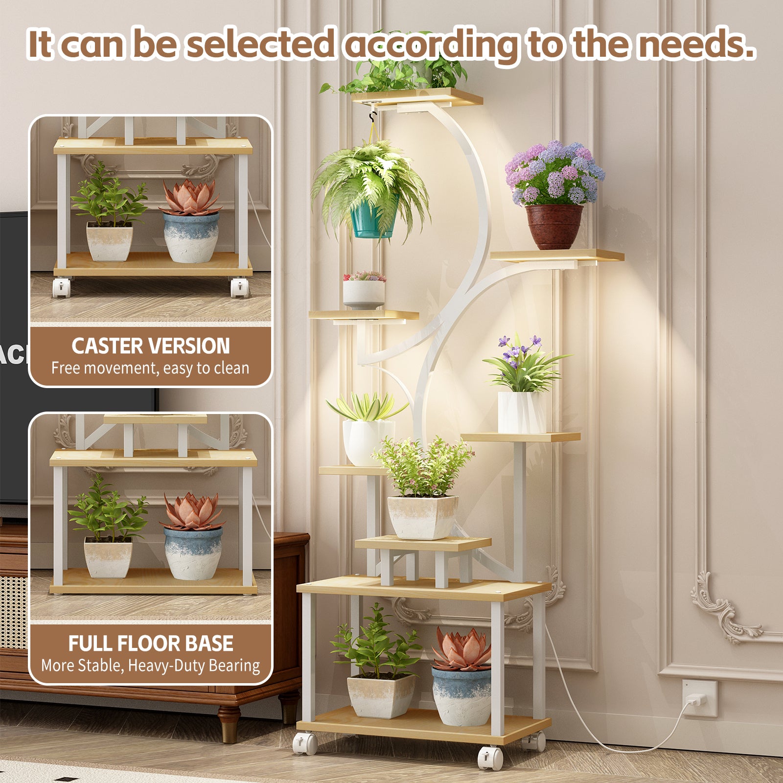Natural finish plant shelf lighted corner display rack