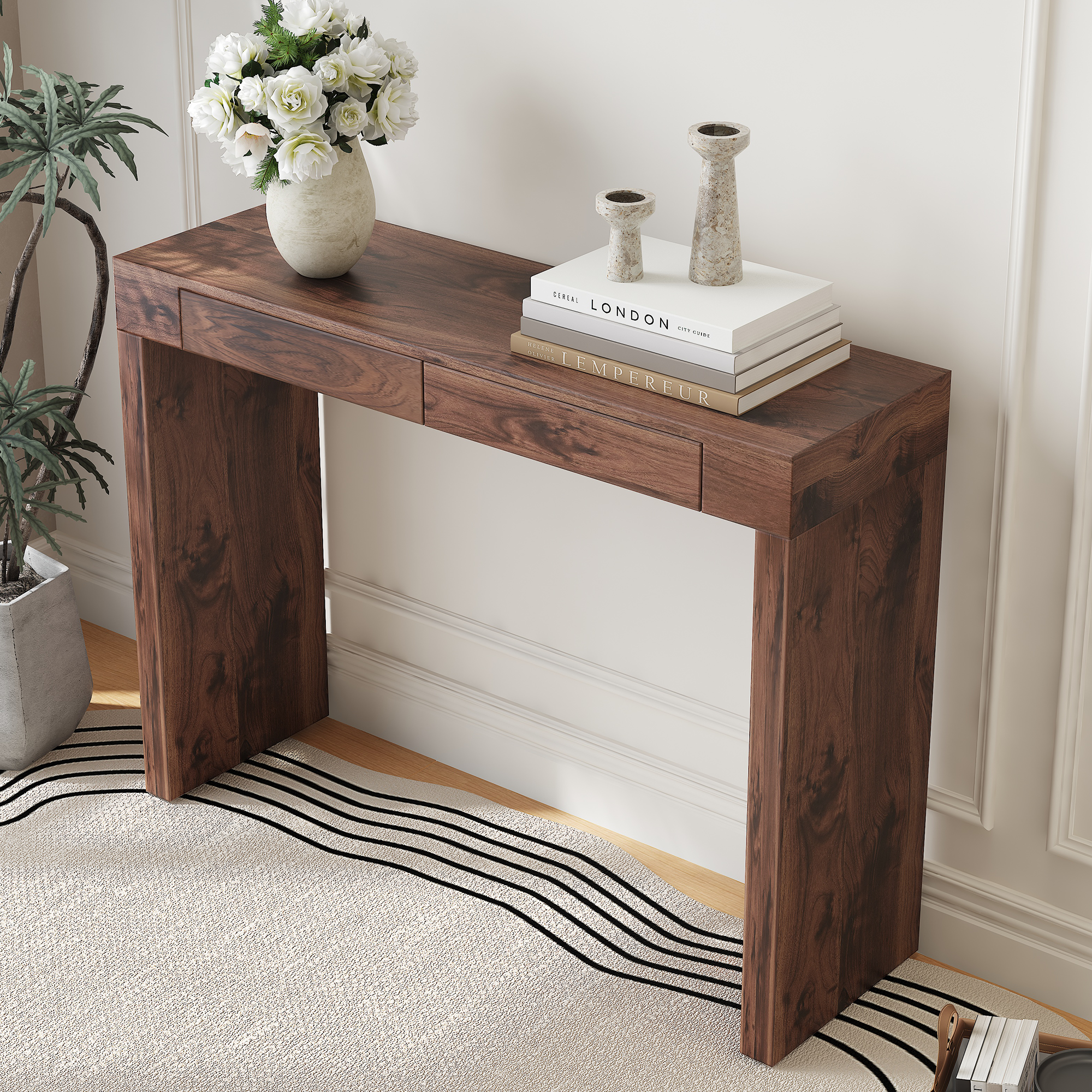 Invisible groove drawer handles walnut bar table