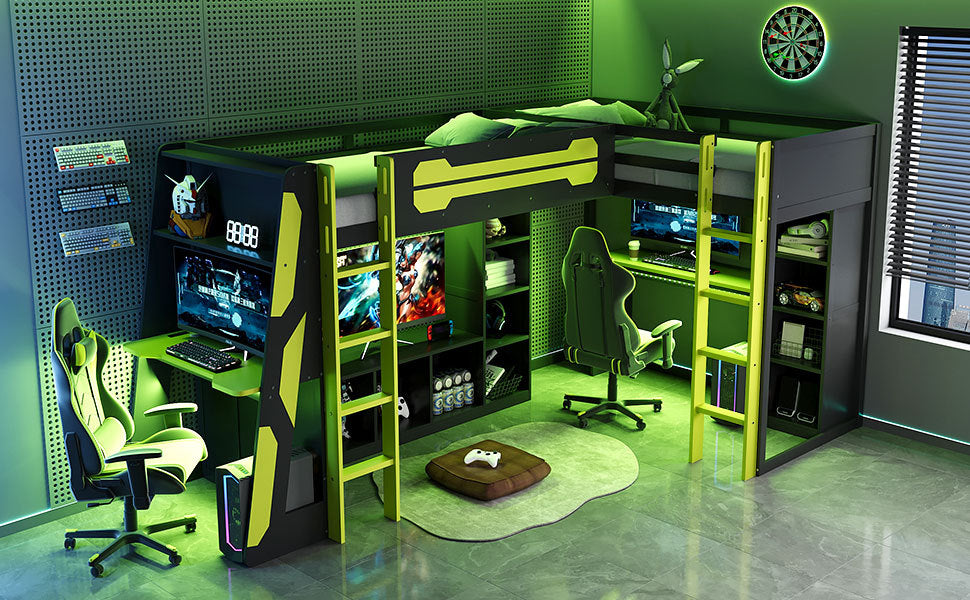 Green wooden gaming bed frame RGB LED accent lighting
