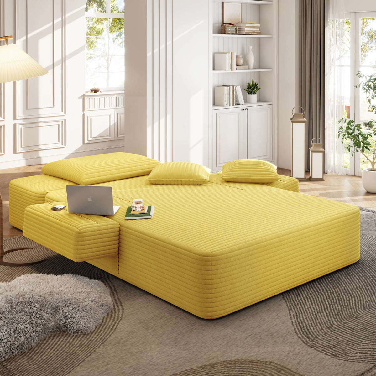 Oversized Plush Corduroy Chaise Lounge Sofa Bed,Convertible Sleeper Couch Bed w/ Storage Pockets,3 Soft Pillows,Multi-Functional Frameless Sofa Couch for Apartment,Home Theater,Guest Room,Beige&White