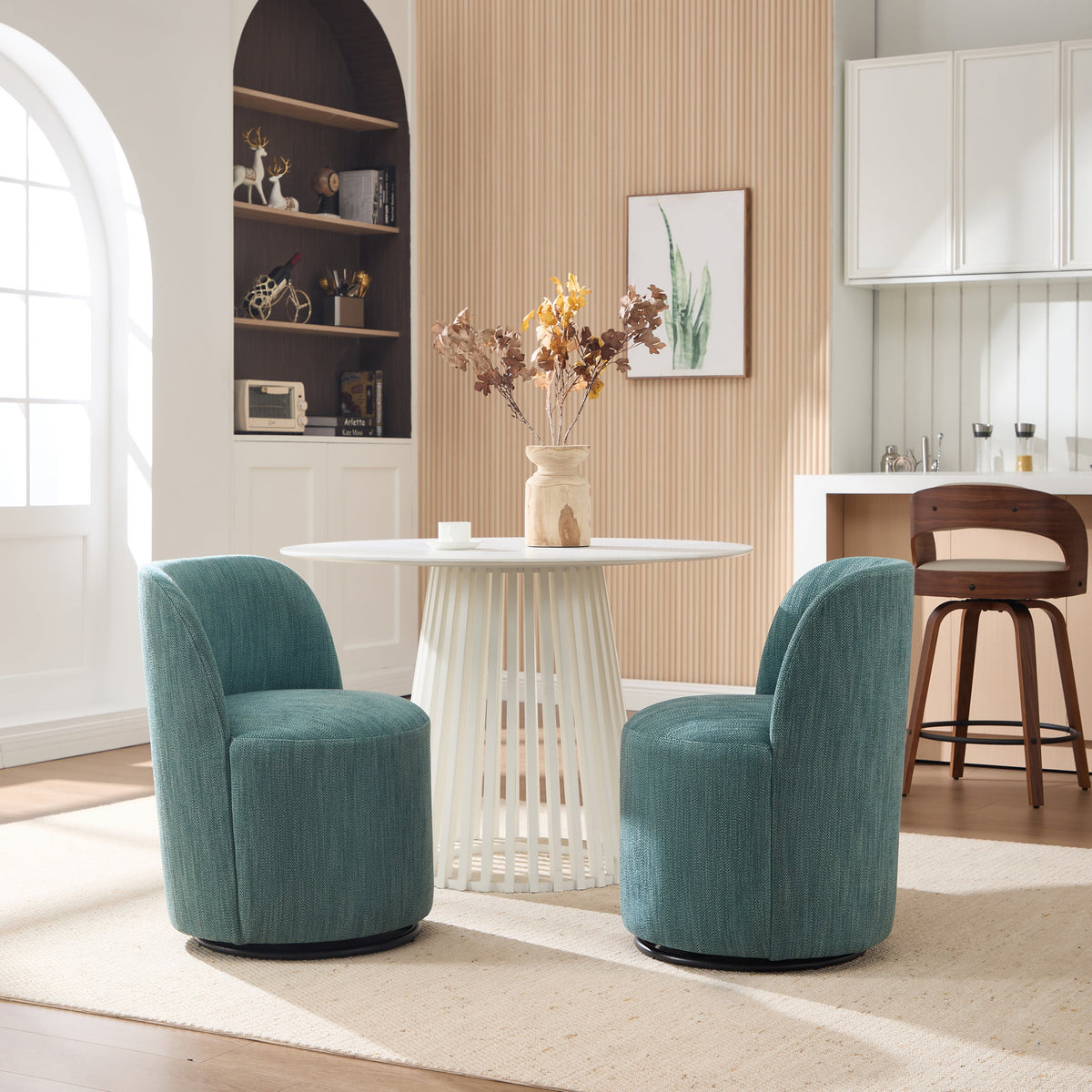 Set Of 1 Upholstered Kitchen & Dining Room Barrel Chair, Mid Century Modern Round Linen Dining Chair, 360 Degree Swivel Comfy Armless Accent Makeup Vanity Side Chair for Bedroom Living Room