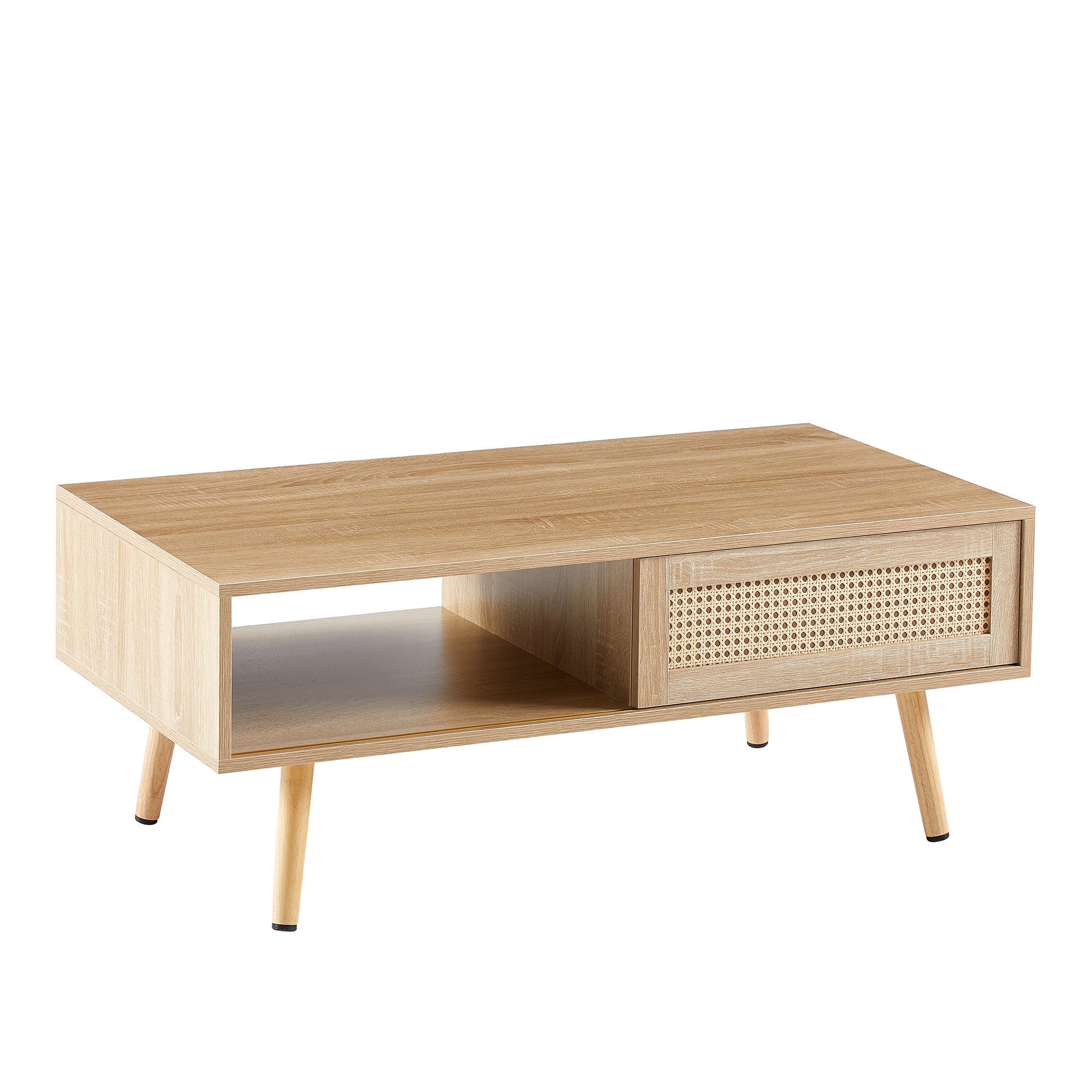 Natural rattan coffee table sliding door storage — front view