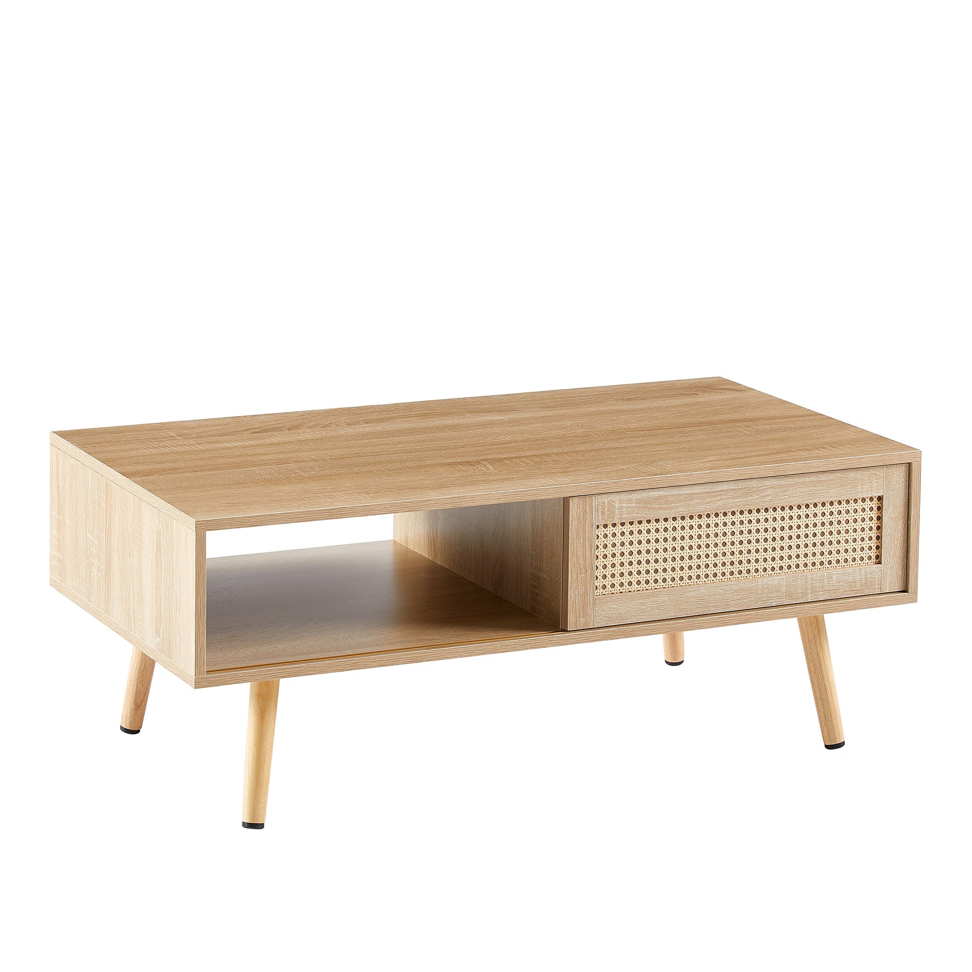 Rattan Coffee Table — Sliding Door Storage & Solid Wood Legs