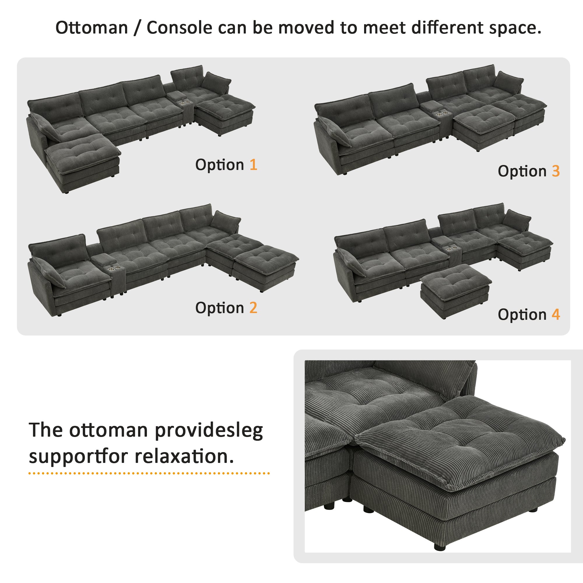 Gray corduroy sectional sofa center console storage compartment