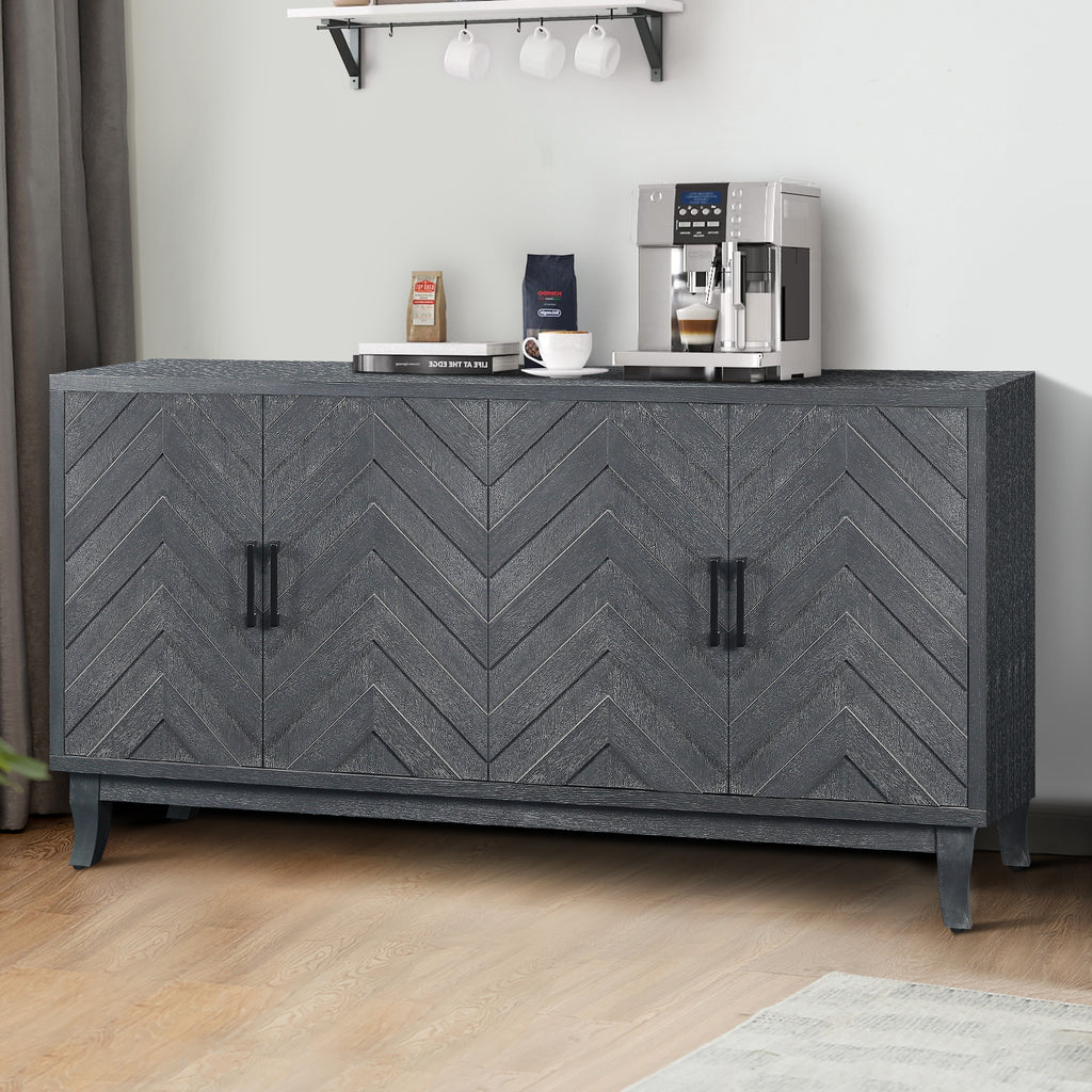 Antique grey lacquered sideboard with striped door panels — angle view