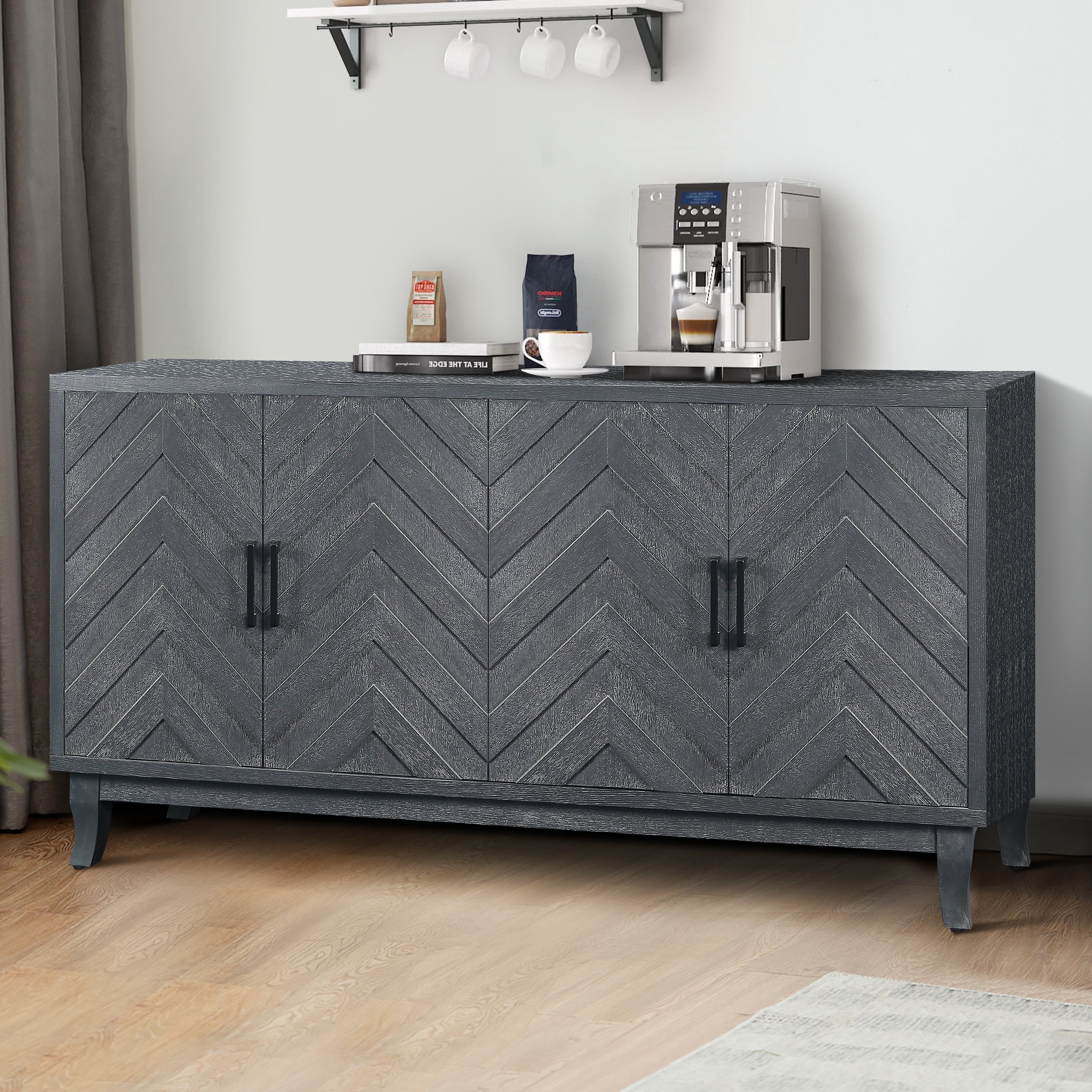 Antique grey lacquered sideboard with striped door panels — angle view