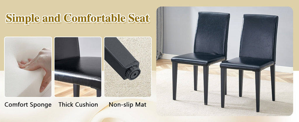 Table and chair set. 71 * 35.4 inch Wood grain MDF splicing desktop with X-shaped metal frame dining table.Includes 8 white PU dining chairs With Black Metal Legs.Making it an ideal choice for home.